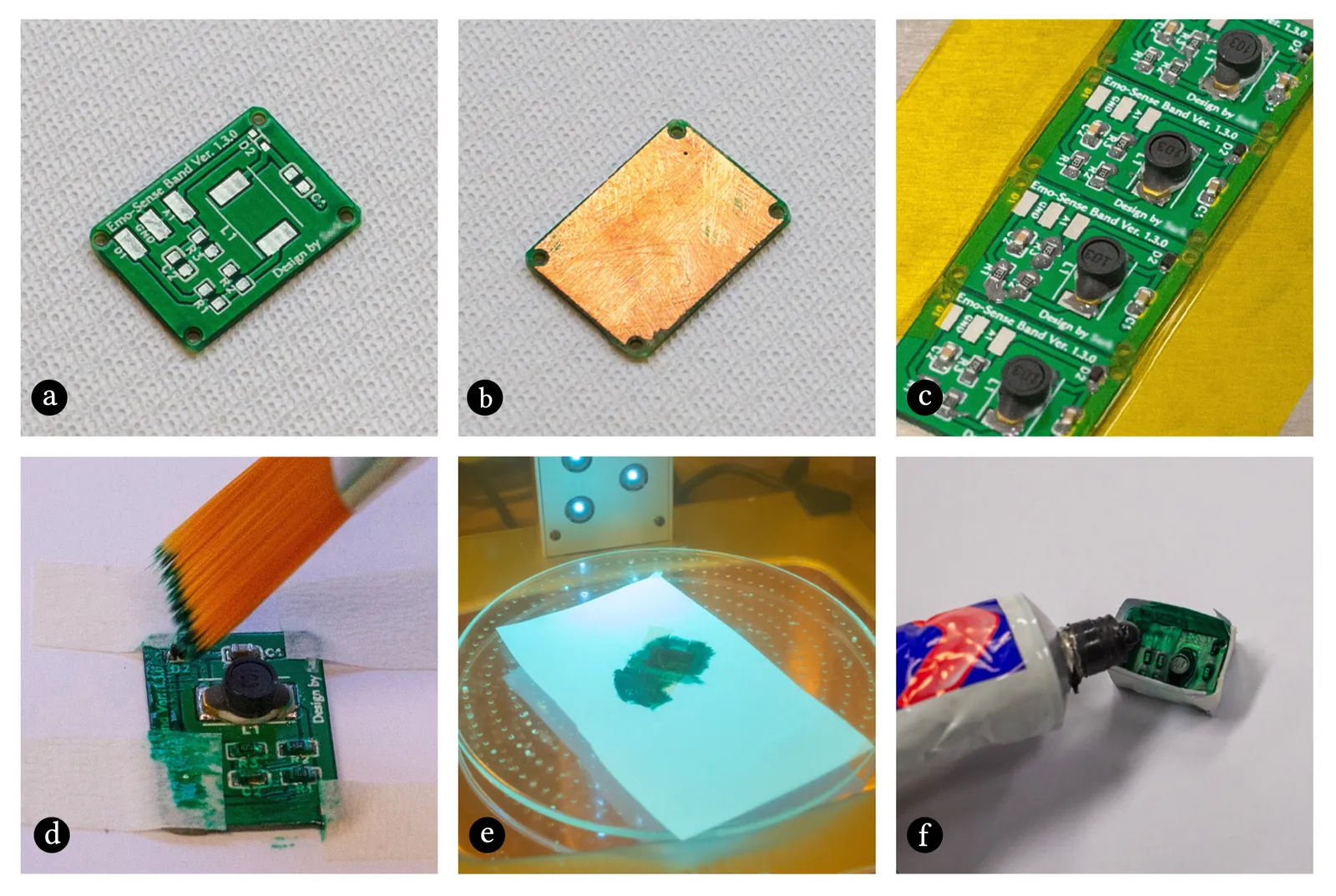 Electronic signal insulation process for the SFCS breakout board. SMT components and the sensing electrode are separated across PCB sides; UV solder mask and silicone rubber insulation prevent unwanted AC signal coupling.