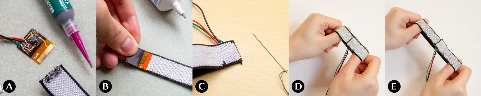 The manual fabrication process of <em>CapSenseBand</em>. <strong>(A)</strong> The flexible circuit board extends its capacitive sensing to the one-side conductive band (white) by exposing a golden electrode for connection, leaving the non-conductive side contacting with human skin. <strong>(B)</strong> Attaching and affixing the circuit board onto the band. <strong>(C)</strong> Stitching the circuit board onto the band. <strong>(D)</strong> Assembled band in plain. <strong>(E)</strong> Assembled band with pulling.