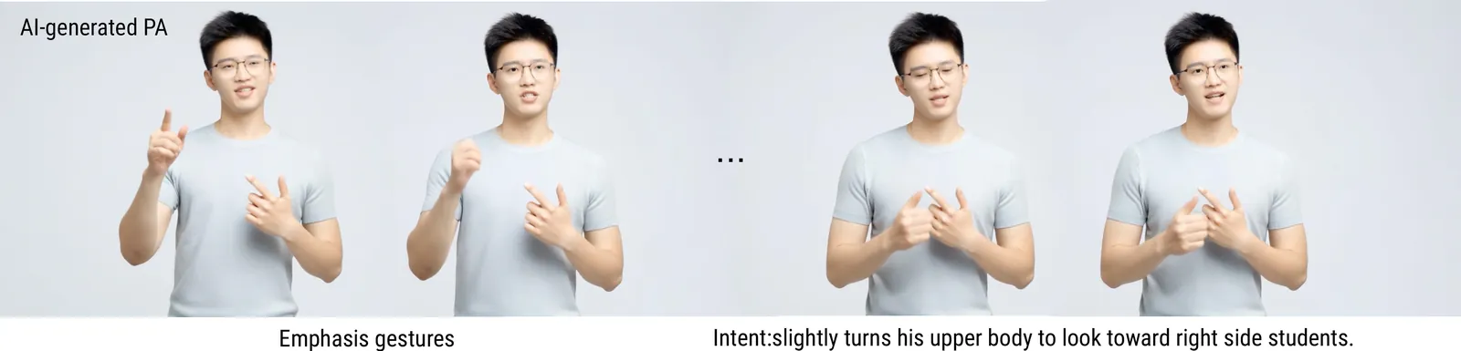 Fig. 8. KlingAI generated PA in a sequence of gestures animated by using the prompt, “A male teacher is enthusiastically describing an academic definition. He performs an emphasizing gesture, briefly pauses, and slightly turns his upper body to look toward the right side of the students. The shot only includes the teacher, with the camera fixed at a medium-close range, and the teacher remaining stationary.” The first gesture highlights emphasis, and the second demonstrates intent, as the PA slightly turns their upper body toward the right side, as if engaging with students on that side.